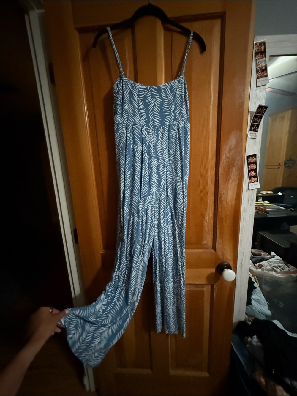 Blue Leaf-Print Spaghetti-Strap Jumpsuit